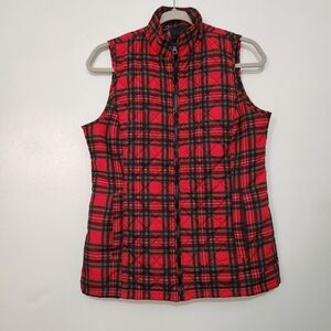 Quilted Puffer Vest Womens S 4-6 Red Plaid Christmas Cabincore Gorpcore Holiday